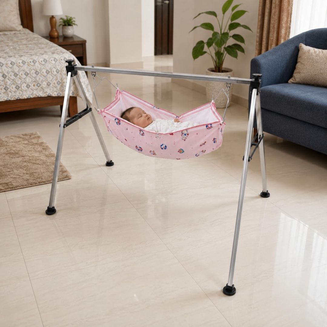 Swing Cradle, Foldable Jhula for New Born with Strong Stainless Steel Frame & Soft Cradle Cloth, Portable Palna for Home & Trave view 4