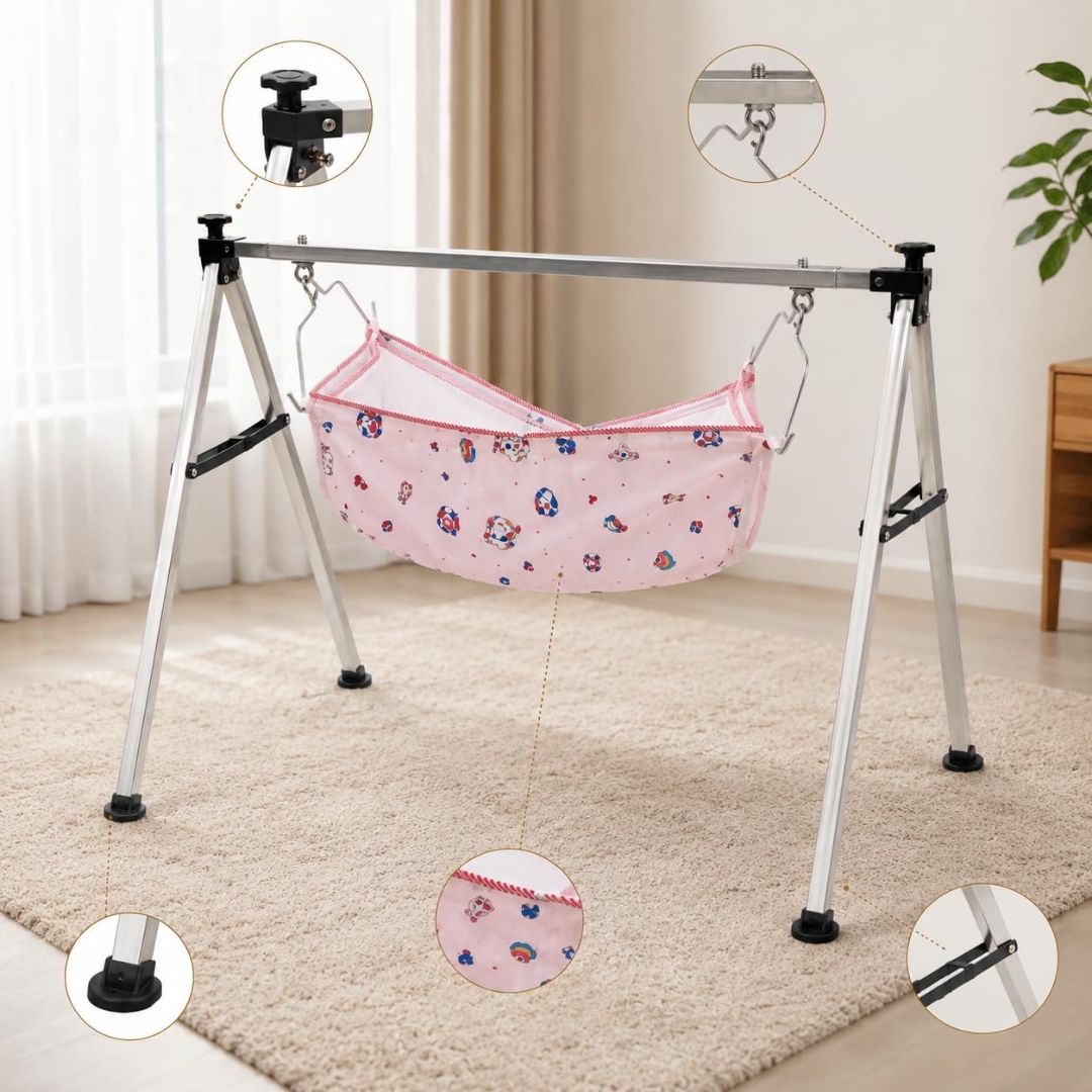 Swing Cradle, Foldable Jhula for New Born with Strong Stainless Steel Frame & Soft Cradle Cloth, Portable Palna for Home & Trave view 3