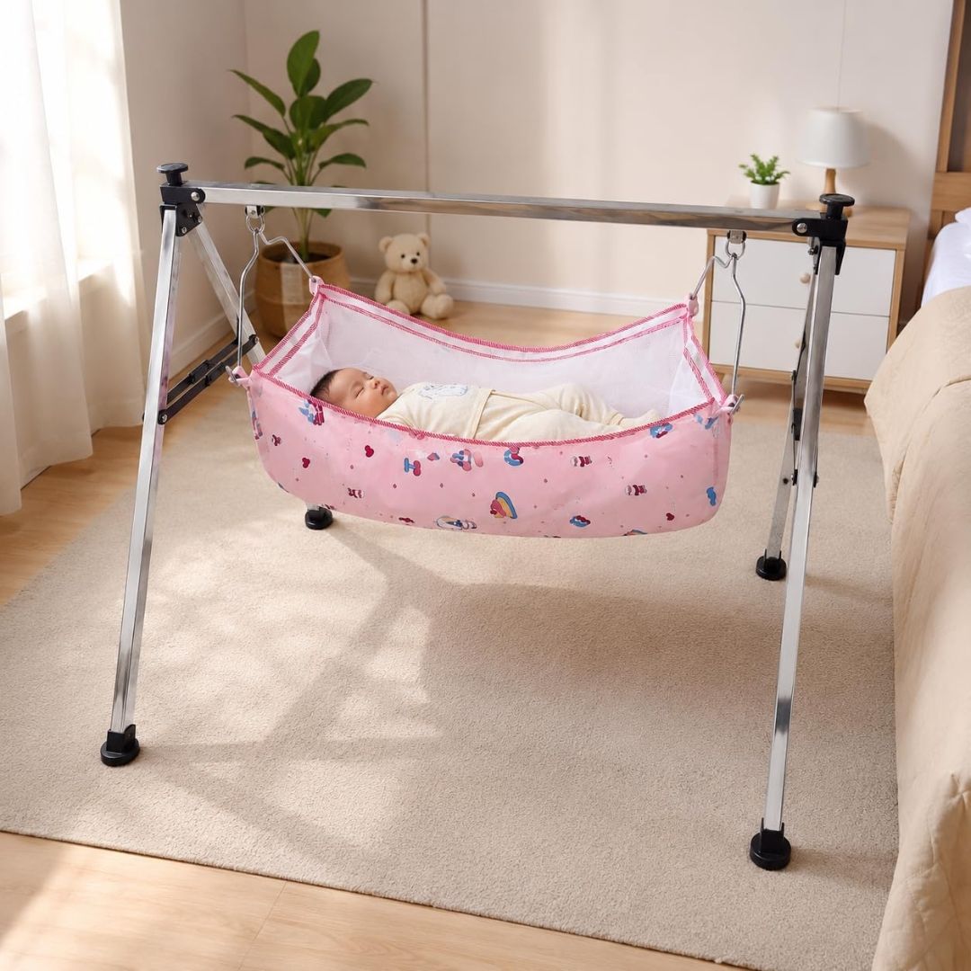 Swing Cradle, Foldable Jhula for New Born with Strong Stainless Steel Frame & Soft Cradle Cloth, Portable Palna for Home & Trave view 2