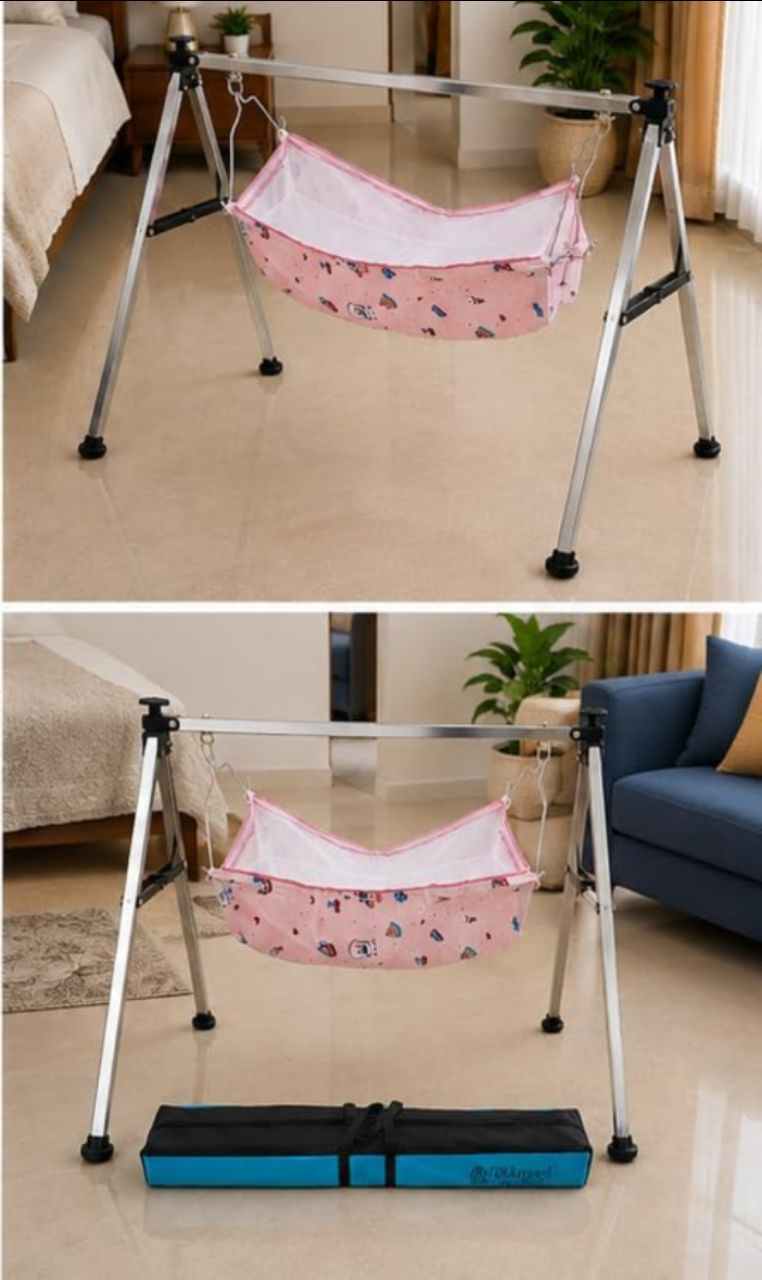 Swing Cradle, Foldable Jhula for New Born with Strong Stainless Steel Frame & Soft Cradle Cloth, Portable Palna for Home & Trave view 5
