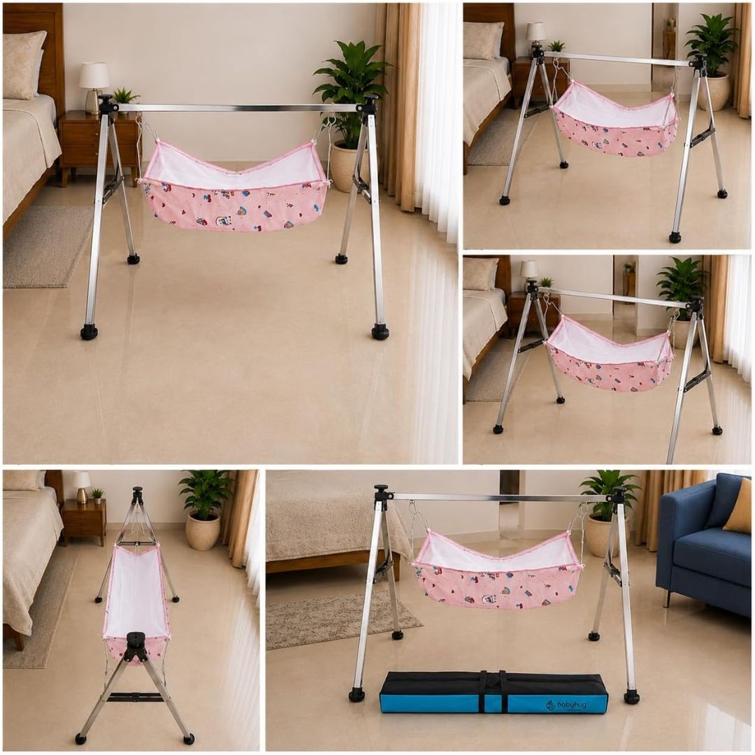 Swing Cradle, Foldable Jhula for New Born with Strong Stainless Steel Frame & Soft Cradle Cloth, Portable Palna for Home & Trave view 8