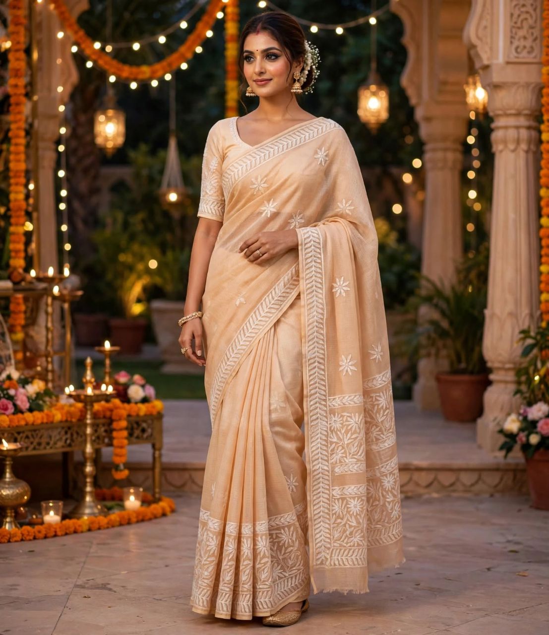 Beige Embroidered Saree