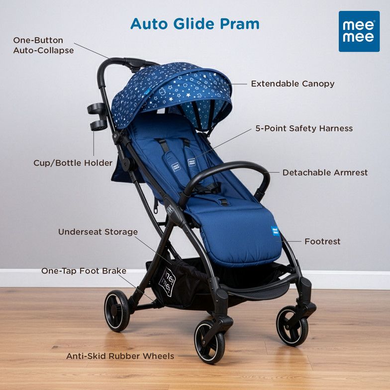 MeeMee Auto Glide Baby Stroller with One-Button Auto Fold, Anti-Tip C-Arc Frame Pram (3, Navy Blue) view 5