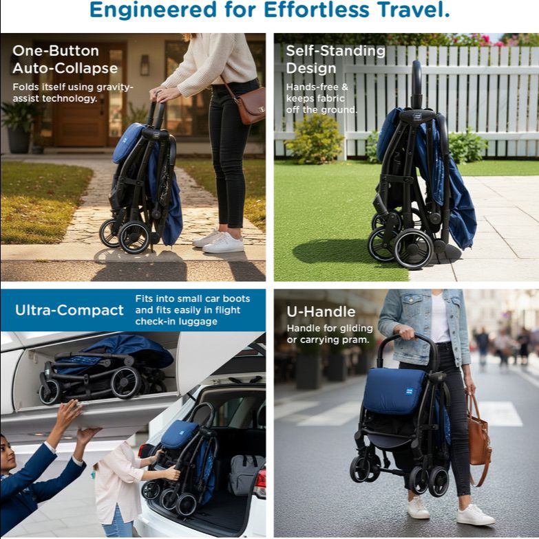 MeeMee Auto Glide Baby Stroller with One-Button Auto Fold, Anti-Tip C-Arc Frame Pram (3, Navy Blue) view 4