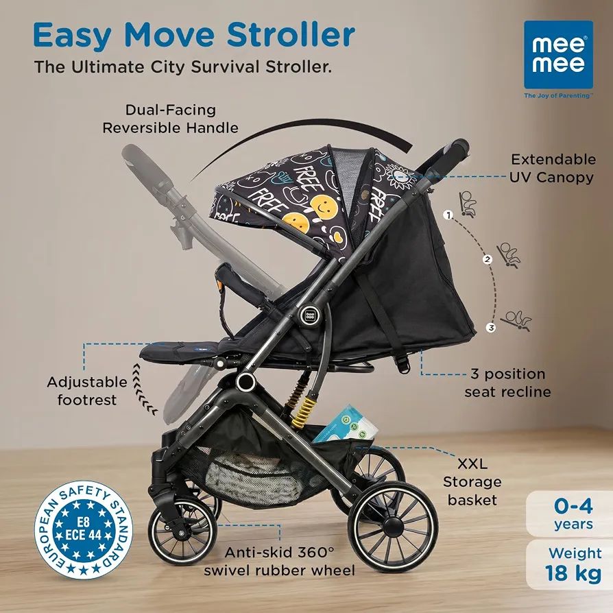Mee Mee Easy Move Baby Stroller with Reversible Handle | EN Certified Lightweight Pram for 0-3 Years | One-Hand 5-Point Safety Harness, 3-Position Recline & XXL Storage (Black Printed)
32%
off

Product Images and Videos (AI-Generated Alt Text) view 2