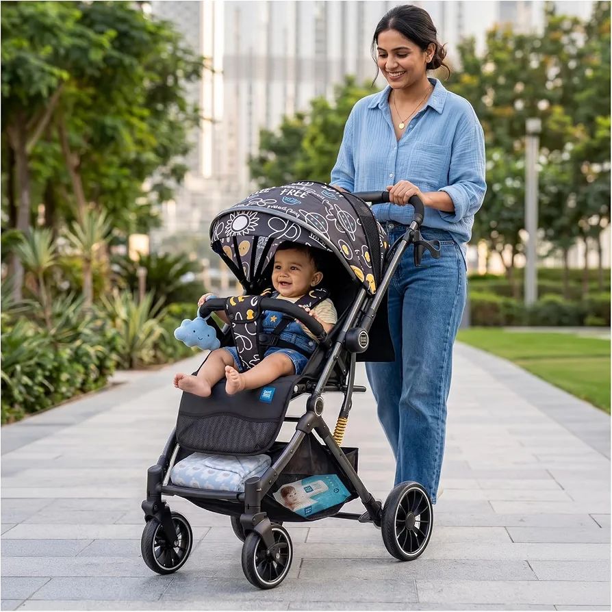 Mee Mee Easy Move Baby Stroller with Reversible Handle | EN Certified Lightweight Pram for 0-3 Years | One-Hand 5-Point Safety Harness, 3-Position Recline & XXL Storage (Black Printed)
32%
off

Product Images and Videos (AI-Generated Alt Text) view 10
