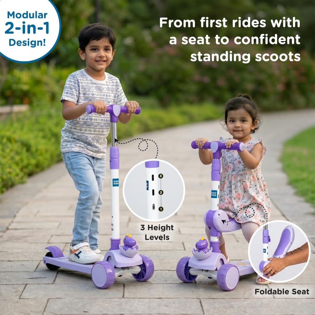 Mee Mee Spark Cruiser Kids Kick Scooter with Seat | Foldable Scooter with PU Flash Wheels, Music & Lights, Adjustable Handle, Rear Brake | 2+ Years,  (Purple) view 5