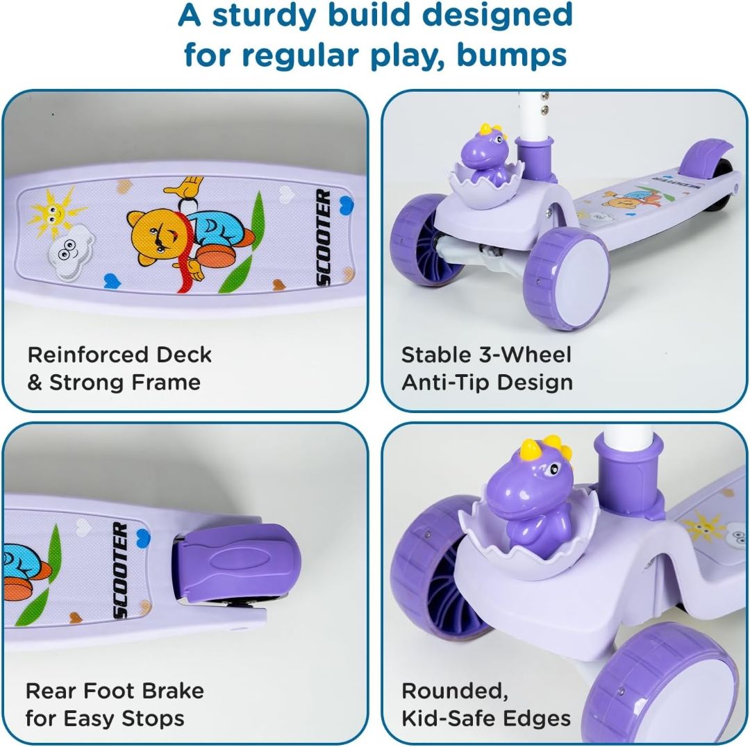 Mee Mee Spark Cruiser Kids Kick Scooter with Seat | Foldable Scooter with PU Flash Wheels, Music & Lights, Adjustable Handle, Rear Brake | 2+ Years,  (Purple) view 6