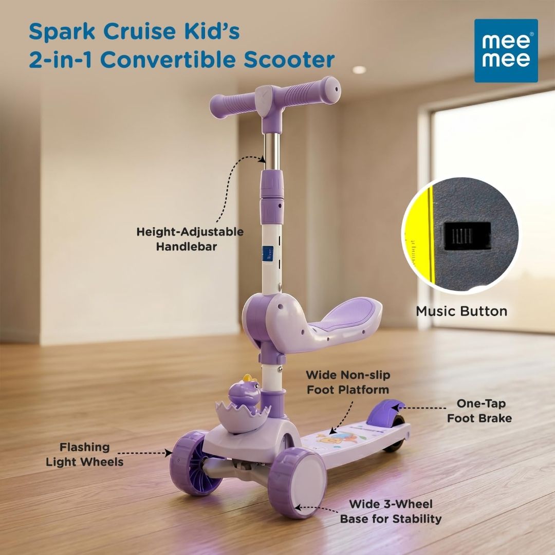 Mee Mee Spark Cruiser Kids Kick Scooter with Seat | Foldable Scooter with PU Flash Wheels, Music & Lights, Adjustable Handle, Rear Brake | 2+ Years,  (Purple) view 2