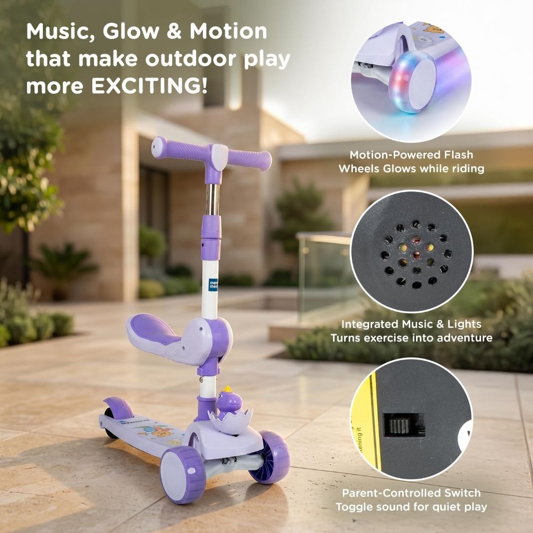 Mee Mee Spark Cruiser Kids Kick Scooter with Seat | Foldable Scooter with PU Flash Wheels, Music & Lights, Adjustable Handle, Rear Brake | 2+ Years,  (Purple) view 3