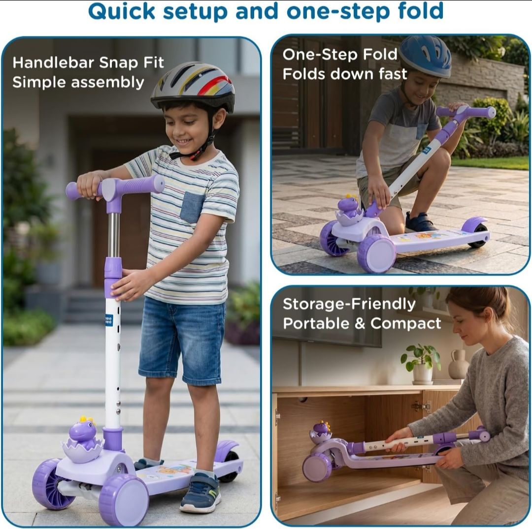 Mee Mee Spark Cruiser Kids Kick Scooter with Seat | Foldable Scooter with PU Flash Wheels, Music & Lights, Adjustable Handle, Rear Brake | 2+ Years,  (Purple) view 7