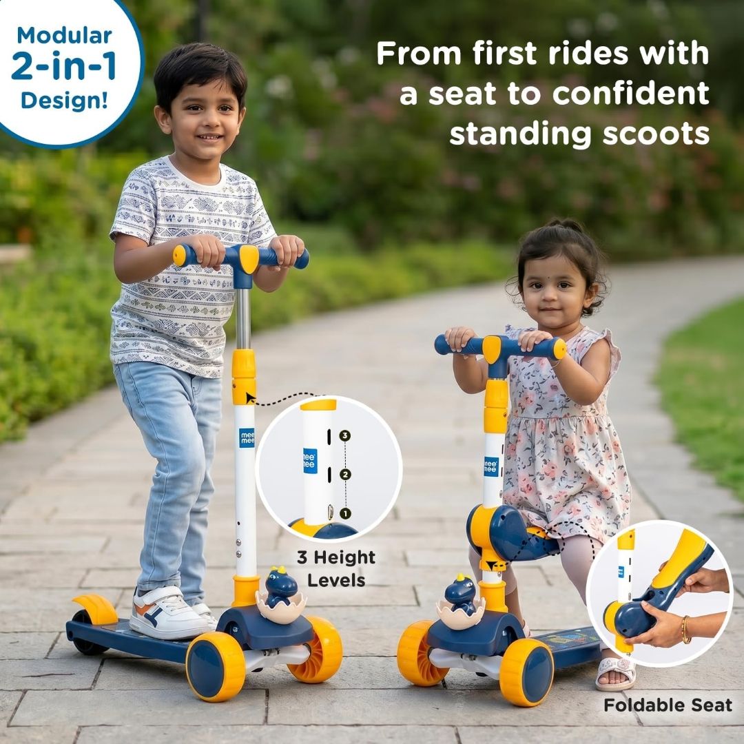 Mee Mee Spark Cruiser Kids Kick Scooter with Seat | Foldable Scooter with PU Flash Wheels, Music & Lights, Adjustable Handle, Rear Brake | 2+ Years,  (Purple) (Blue) view 3