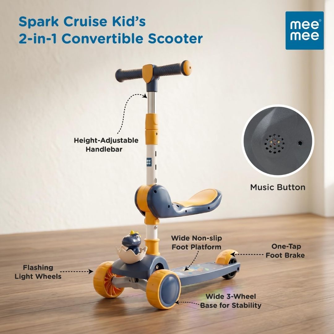 Mee Mee Spark Cruiser Kids Kick Scooter with Seat | Foldable Scooter with PU Flash Wheels, Music & Lights, Adjustable Handle, Rear Brake | 2+ Years,  (Purple) (Blue) view 2