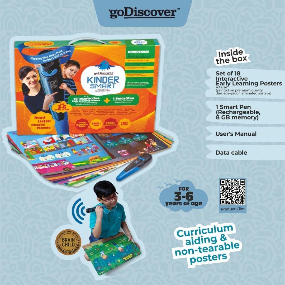 goDiscover Kinder Smart Interactive Learning Series with Talking Pen | Set of 18 Multi Sensorial Educational Posters for Preschool Kids Age 3 to 6 Years with Words Sounds Facts and Interactions
Product Images and Videos (AI-Generated Alt Text) view 4