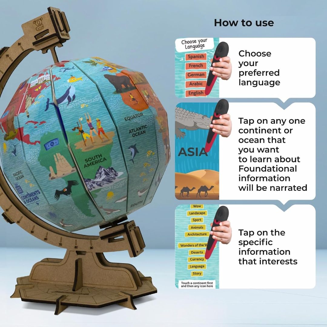 goDiscover Interactive Globe with Smart Talking Pen | DIY Talking Globe of Continents and Oceans in English, Spanish, French, German, and Arabic | Fun Educational Toy for Kids, Geography Learning view 5