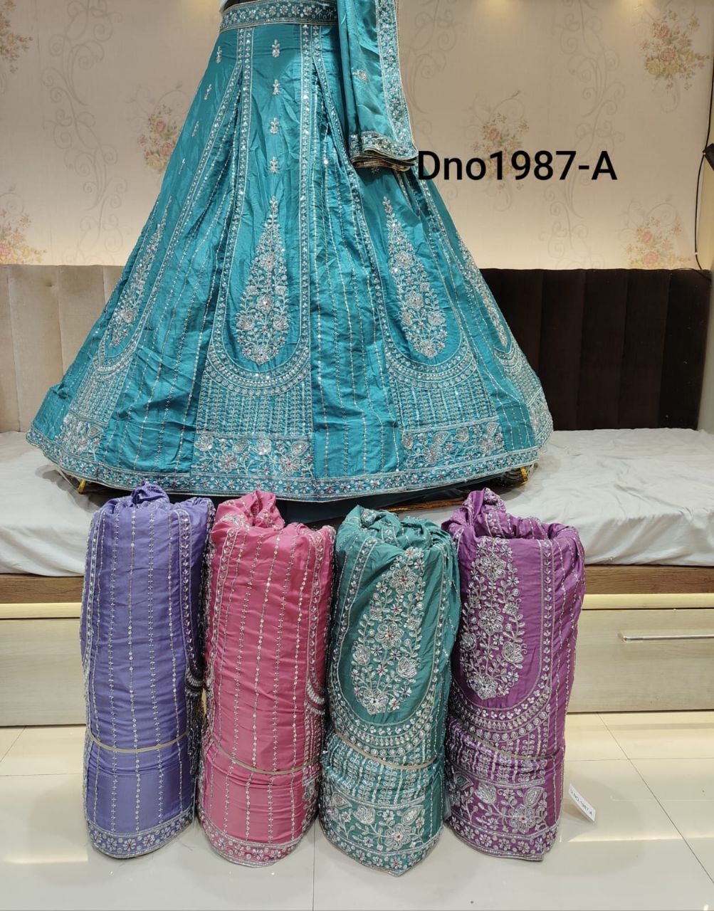 Teal Paisley Vertical Line Lehenga view 2