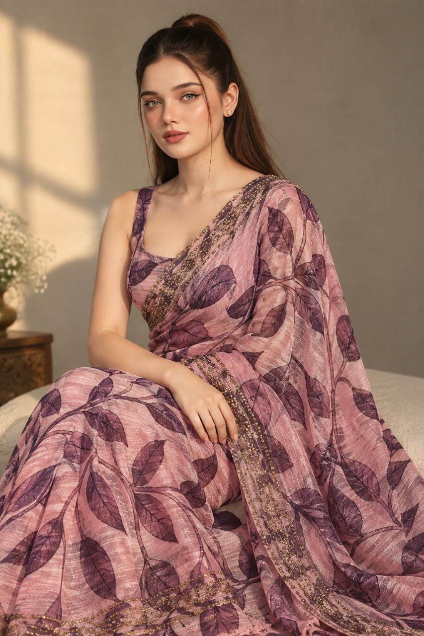 Pink Floral Chiffon Saree view 2