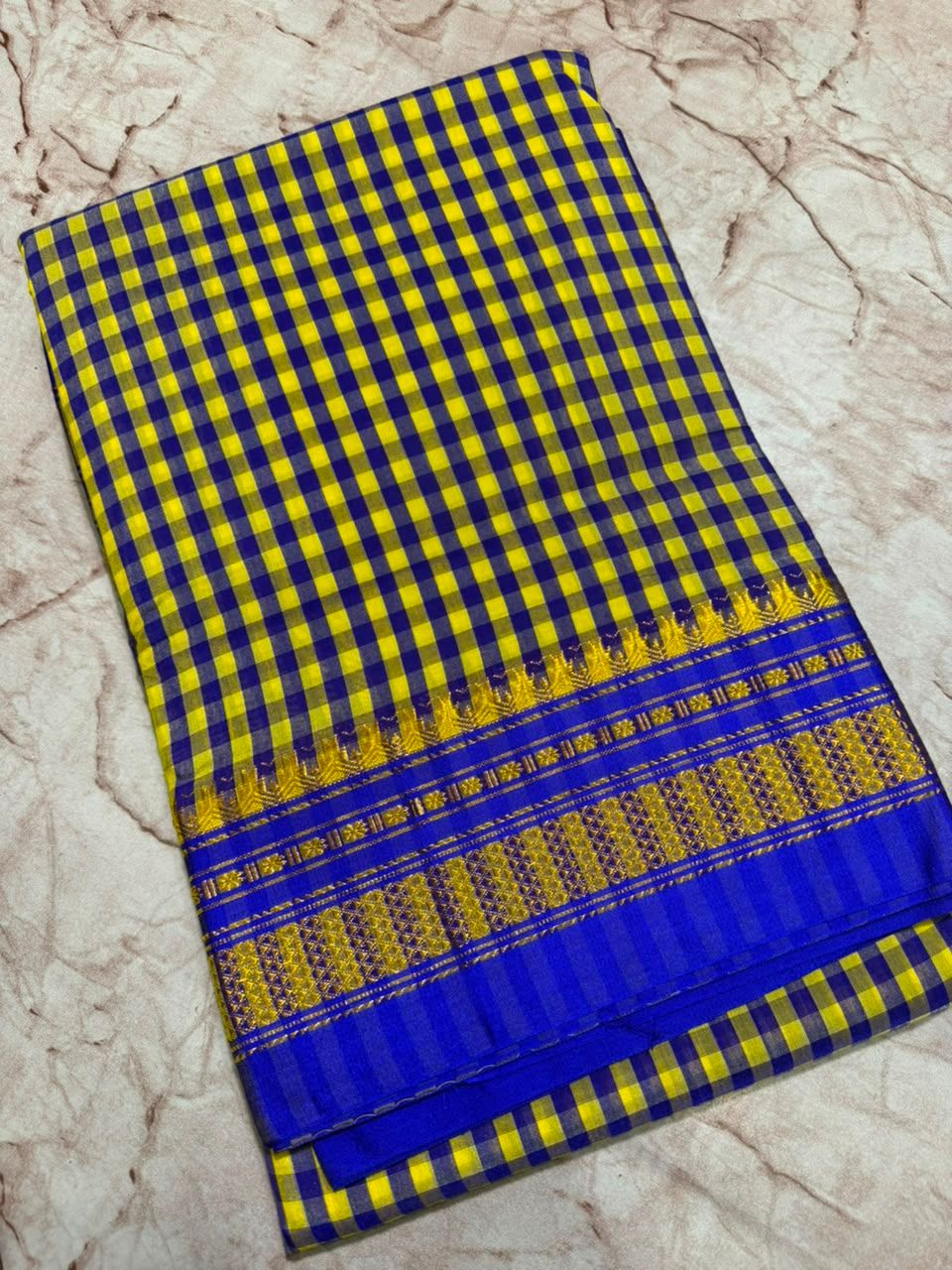 Blue and Yellow Checked Traditional Dupatta