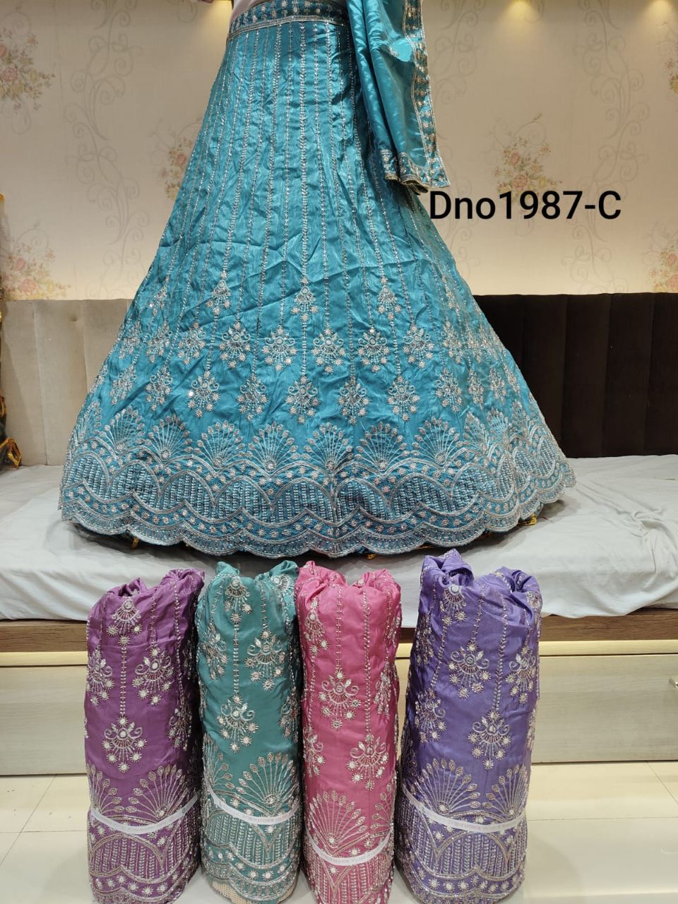 Teal Embroidered Scalloped Lehenga view 2