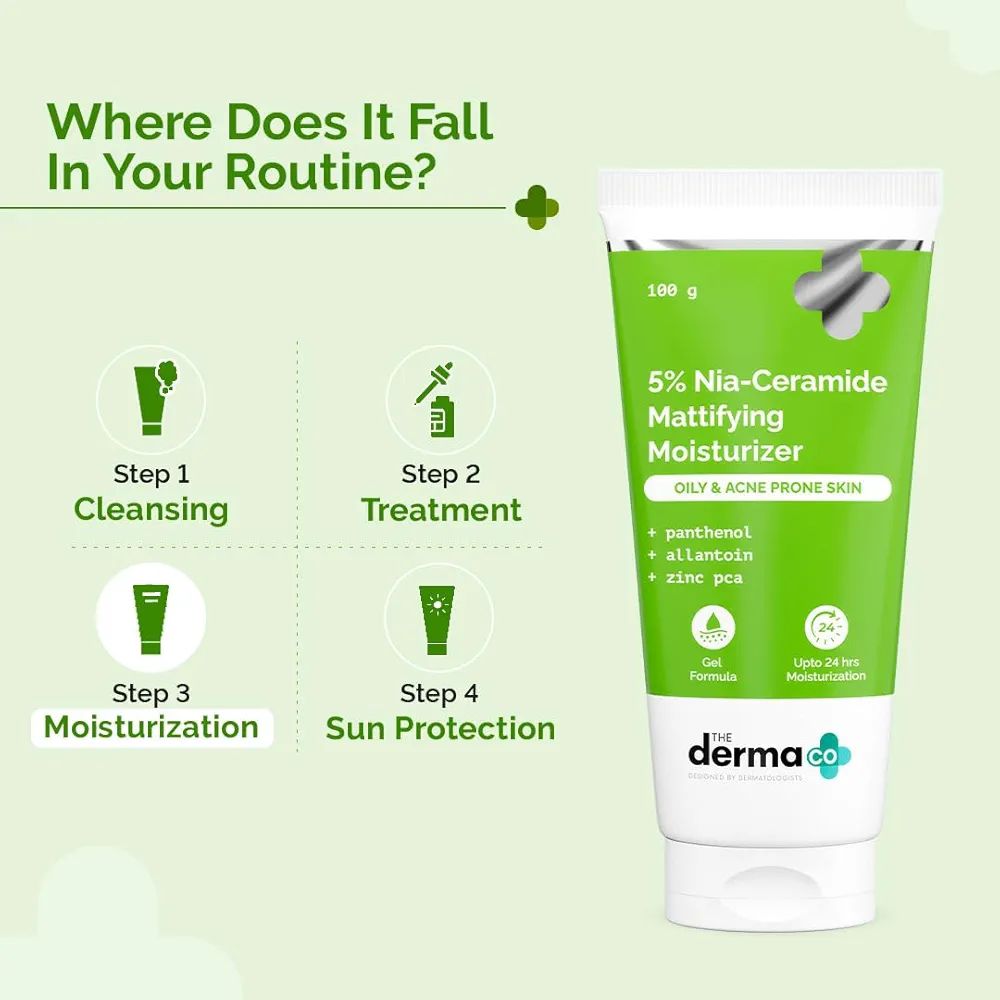 The Derma Co. 5% Nia-Ceramide Mattifying Moisturizer -100 g | For Oily to Acne Prone Skin | 5% Niacinamide, 2% Ceramide | 24 hrs. Moisturization | Panthenol, Allantoin & Zinc PCA | Oil-free Moisturizer view 4