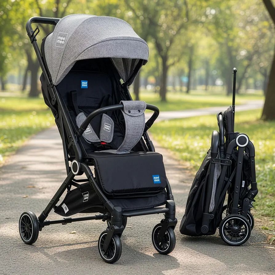 Mee Mee Baby Haven Lightweight Stroller for Travel | Cabin-Approved Compact Fold Pram | 6.8kg Ultra-Light with T-Handle Suitcase Glide | EN 1888 Certified, XXL Canopy & All-Wheel Suspension (Grey)