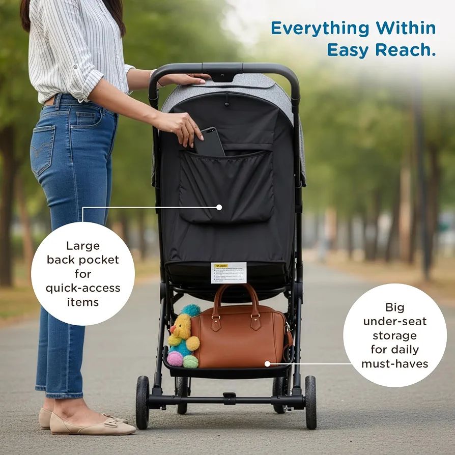 Mee Mee Baby Haven Lightweight Stroller for Travel | Cabin-Approved Compact Fold Pram | 6.8kg Ultra-Light with T-Handle Suitcase Glide | EN 1888 Certified, XXL Canopy & All-Wheel Suspension (Grey) view 8
