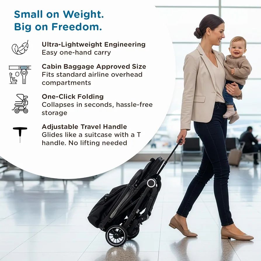 Mee Mee Baby Haven Lightweight Stroller for Travel | Cabin-Approved Compact Fold Pram | 6.8kg Ultra-Light with T-Handle Suitcase Glide | EN 1888 Certified, XXL Canopy & All-Wheel Suspension (Grey) view 3