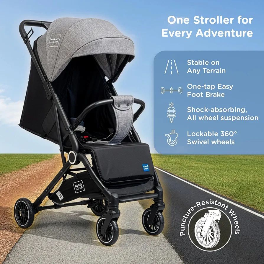 Mee Mee Baby Haven Lightweight Stroller for Travel | Cabin-Approved Compact Fold Pram | 6.8kg Ultra-Light with T-Handle Suitcase Glide | EN 1888 Certified, XXL Canopy & All-Wheel Suspension (Grey) view 7
