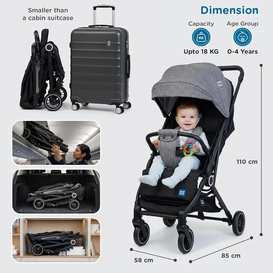 Mee Mee Baby Haven Lightweight Stroller for Travel | Cabin-Approved Compact Fold Pram | 6.8kg Ultra-Light with T-Handle Suitcase Glide | EN 1888 Certified, XXL Canopy & All-Wheel Suspension (Grey) view 2