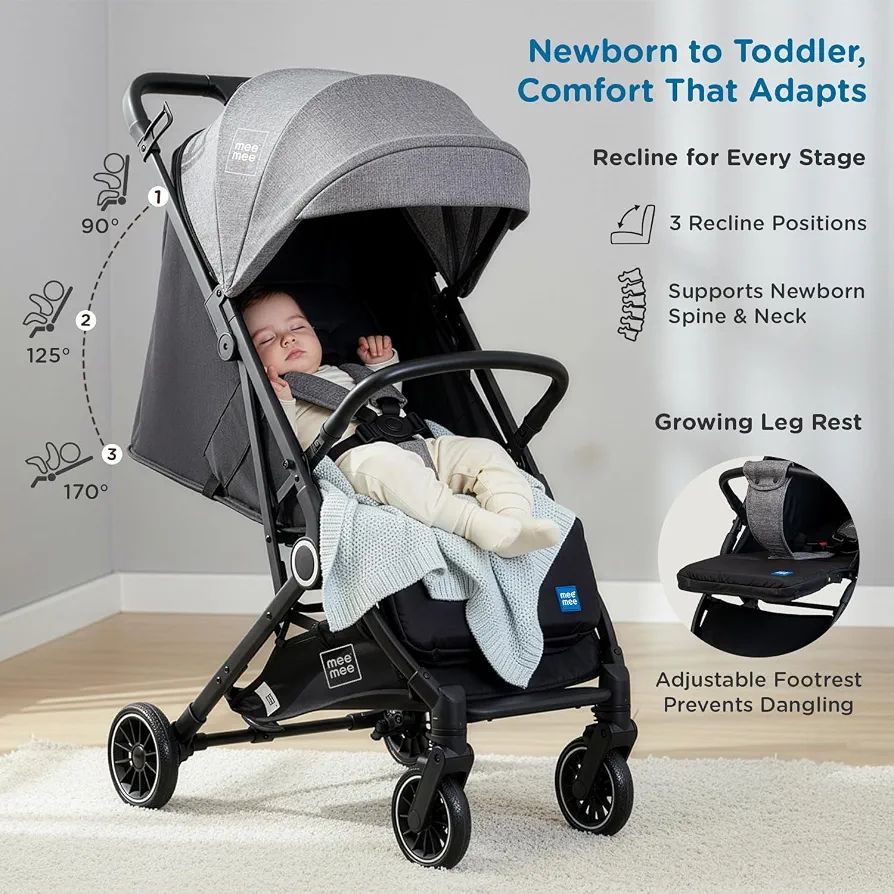 Mee Mee Baby Haven Lightweight Stroller for Travel | Cabin-Approved Compact Fold Pram | 6.8kg Ultra-Light with T-Handle Suitcase Glide | EN 1888 Certified, XXL Canopy & All-Wheel Suspension (Grey) view 5