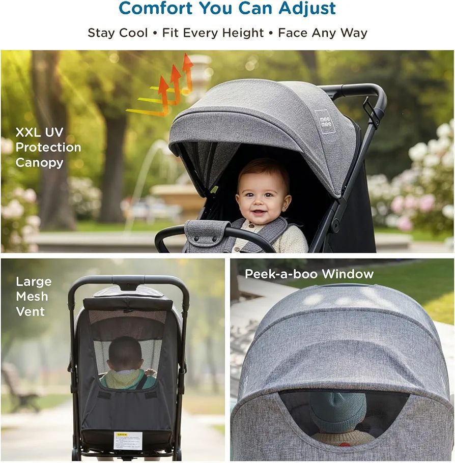 Mee Mee Baby Haven Lightweight Stroller for Travel | Cabin-Approved Compact Fold Pram | 6.8kg Ultra-Light with T-Handle Suitcase Glide | EN 1888 Certified, XXL Canopy & All-Wheel Suspension (Grey) view 6