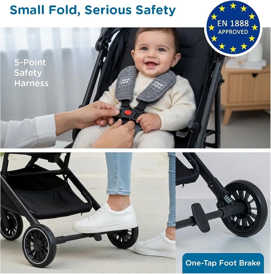 Mee Mee Baby Haven Lightweight Stroller for Travel | Cabin-Approved Compact Fold Pram | 6.8kg Ultra-Light with T-Handle Suitcase Glide | EN 1888 Certified, XXL Canopy & All-Wheel Suspension (Grey) view 4