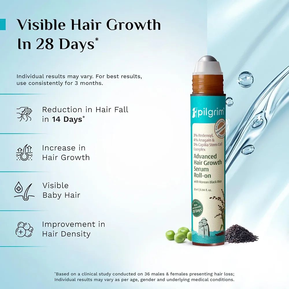 Pilgrim Advanced Hair Growth Serum Roll On with Redensyl & AnaGain - 25ml
New Hair Growth in 28 Days, Korean Black Rice, Rosemary, Reduce Hair Fall, Hair Regrowth, Increase Hair Density, Thicker Hair view 7