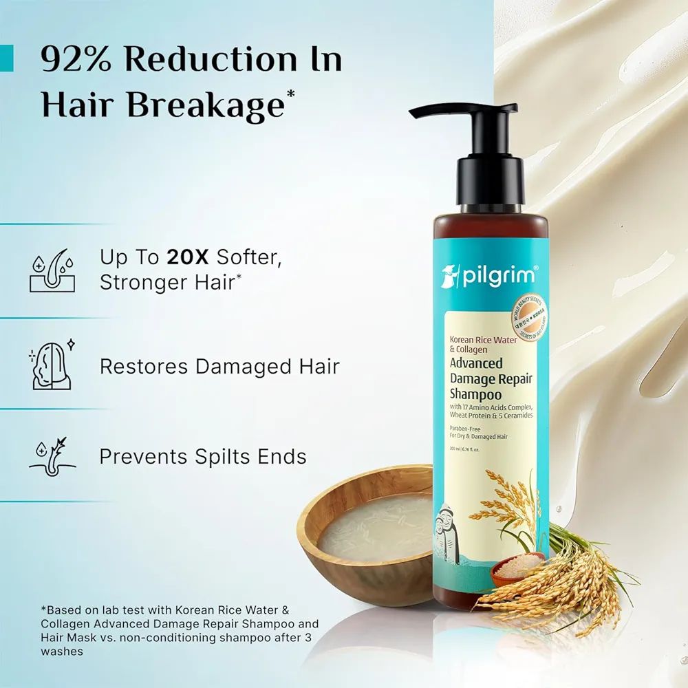 Pilgrim Korean Rice Water & Collagen Advanced Damage Repair Shampoo - 200ml
92% Less Breakage, Up to 20X Softer Hair, with 17 Amino Acids, Wheat Protein & 5 Ceramides, For Dry & Chemically Treated Hair view 2