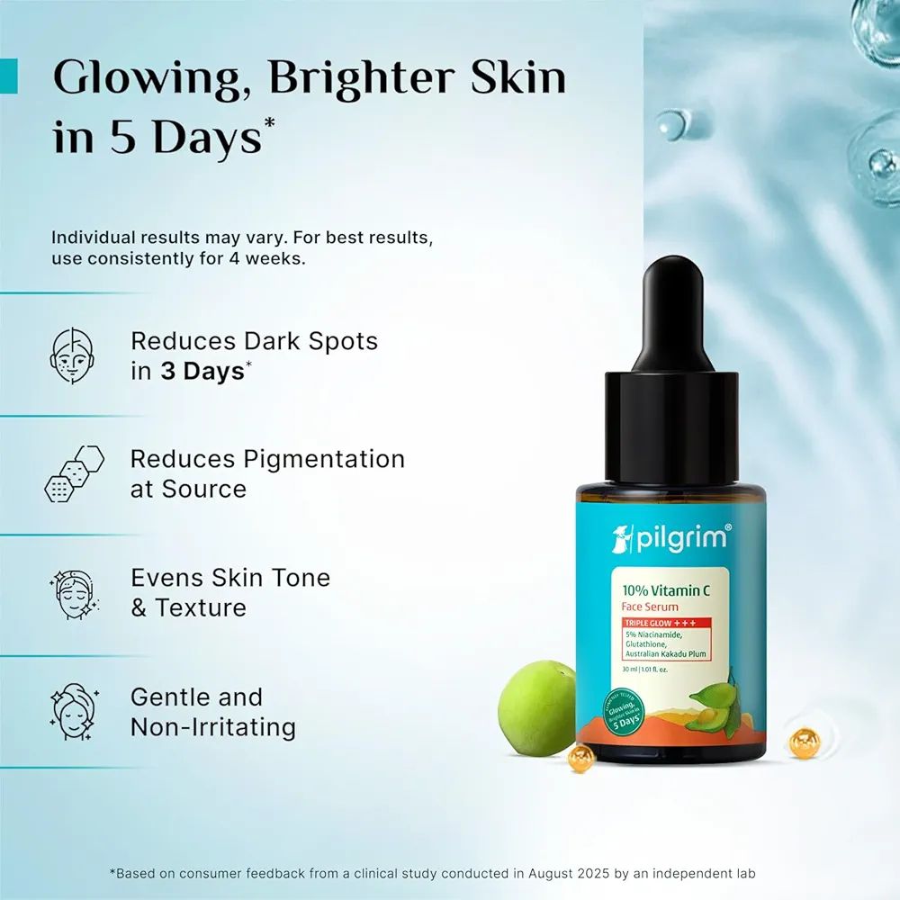 Pilgrim 10% Vitamin C Serum for Glowing Skin|With 5% Niacinamide, Hyaluronic & Glycolic Acid|Fades Dark Spots, Pigmentation|For All, Oily, Combination, Normal Skin |Beginner Friendly - Men, Women view 3