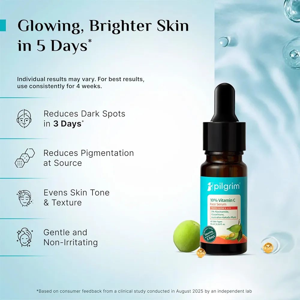Pilgrim 10% Vitamin C Face Serum for Glowing Skin with Niacinamide - 5% Niacinamide & Glutathione, Brightening, Fades Dark Spots & Evens, Dullness, Sensitive Skin Safe, Oil Free, All Skin Types view 4