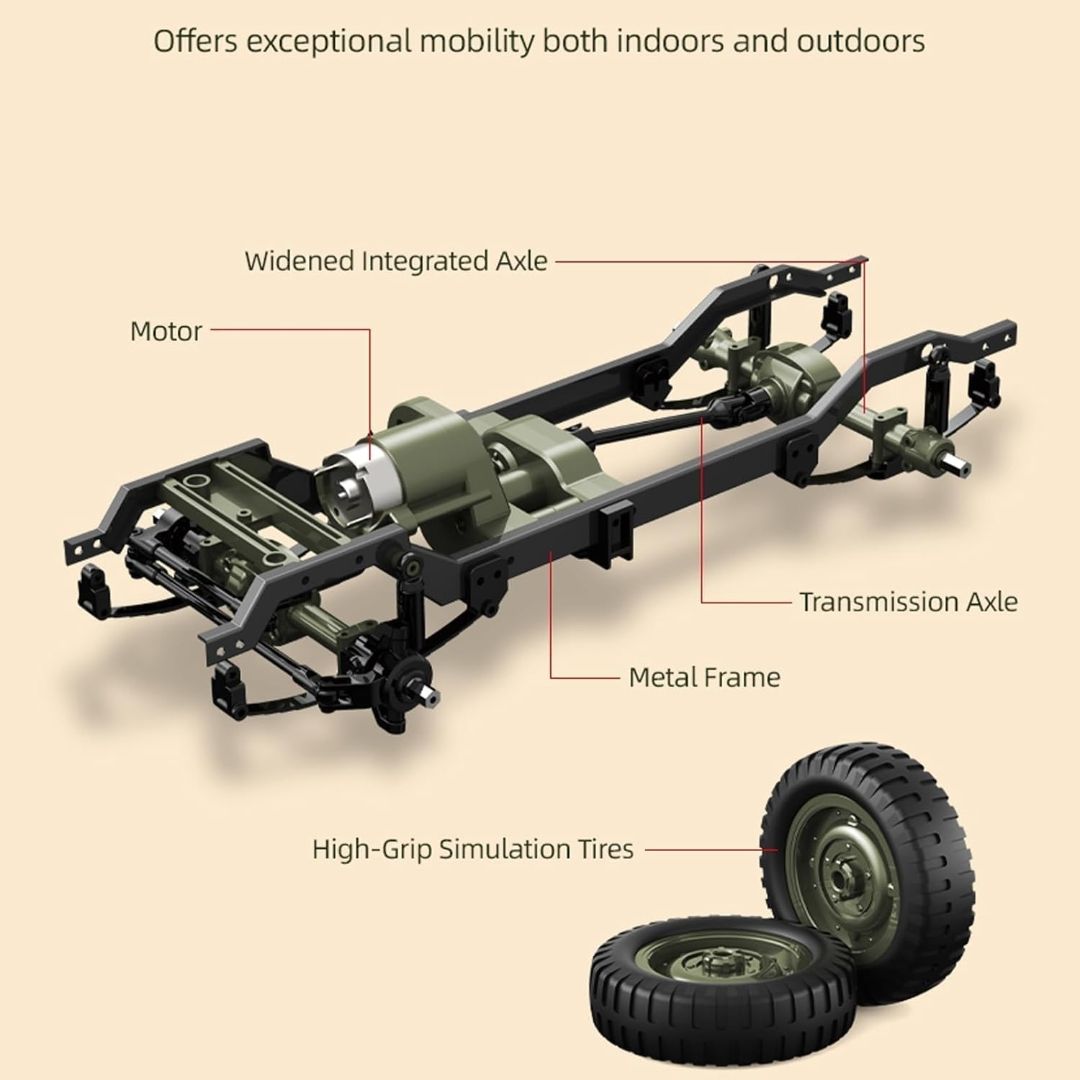 Militaary RC Jeep 1:10 Scale Remote Control Car for Kids, 2.4GHz Off-Road RC Army Vehicle with LED Lights, Sound Effects, Rechargeable Battery, Shock Absorbers & Rubber Tires(Multicolor view 5