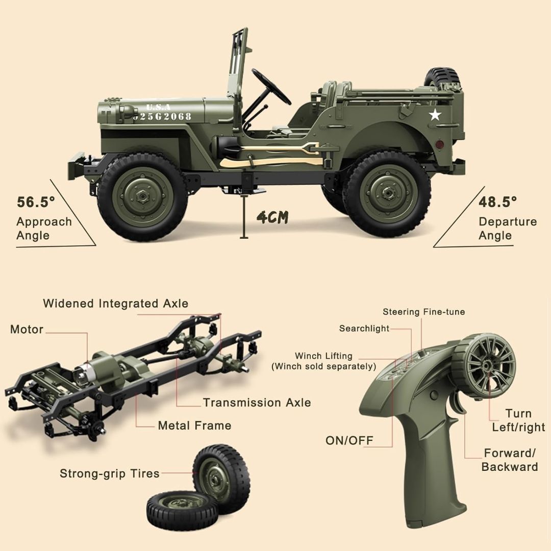 Militaary RC Jeep 1:10 Scale Remote Control Car for Kids, 2.4GHz Off-Road RC Army Vehicle with LED Lights, Sound Effects, Rechargeable Battery, Shock Absorbers & Rubber Tires(Multicolor view 14