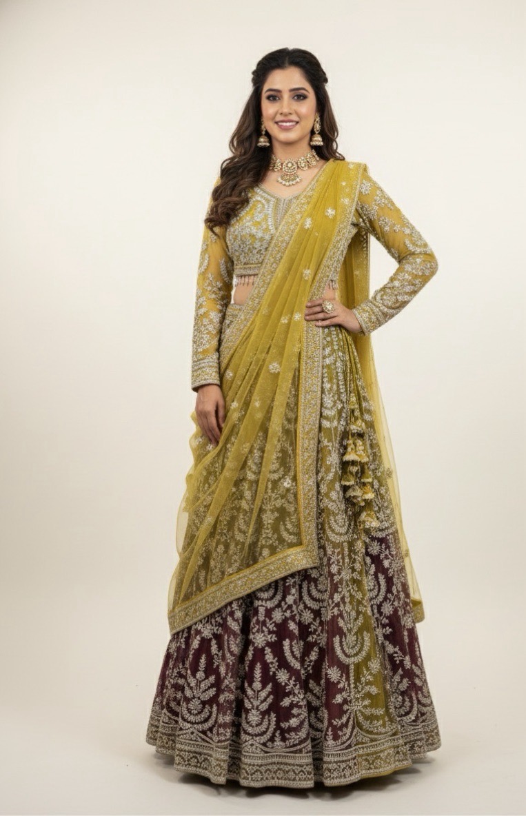 Golden Mustard Embroidered Lehenga view 2