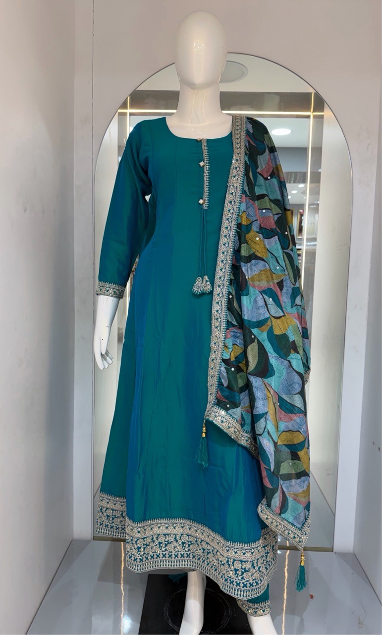 Teal Anarkali Suit view 3