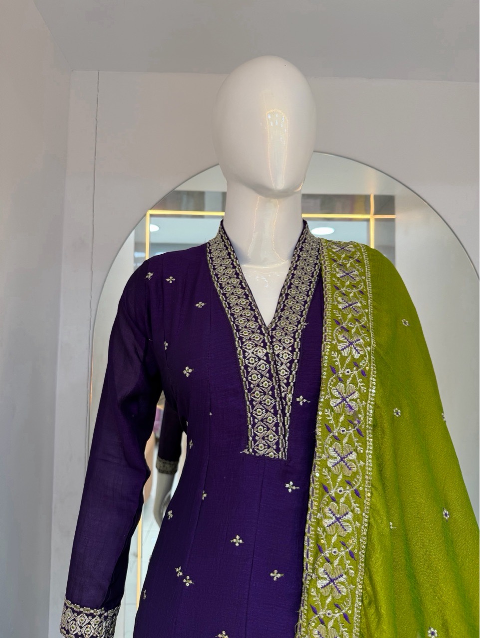 Purple Anarkali with Green Dupatta view 3