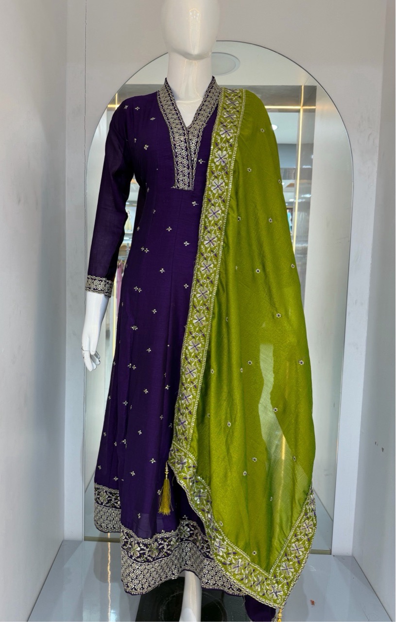 Purple Anarkali with Green Dupatta view 4