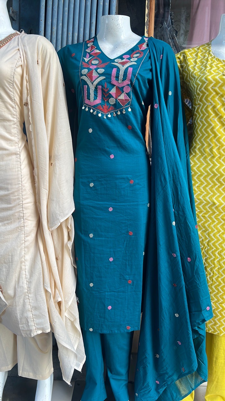 Embroidered Teal Kurta Set view 2