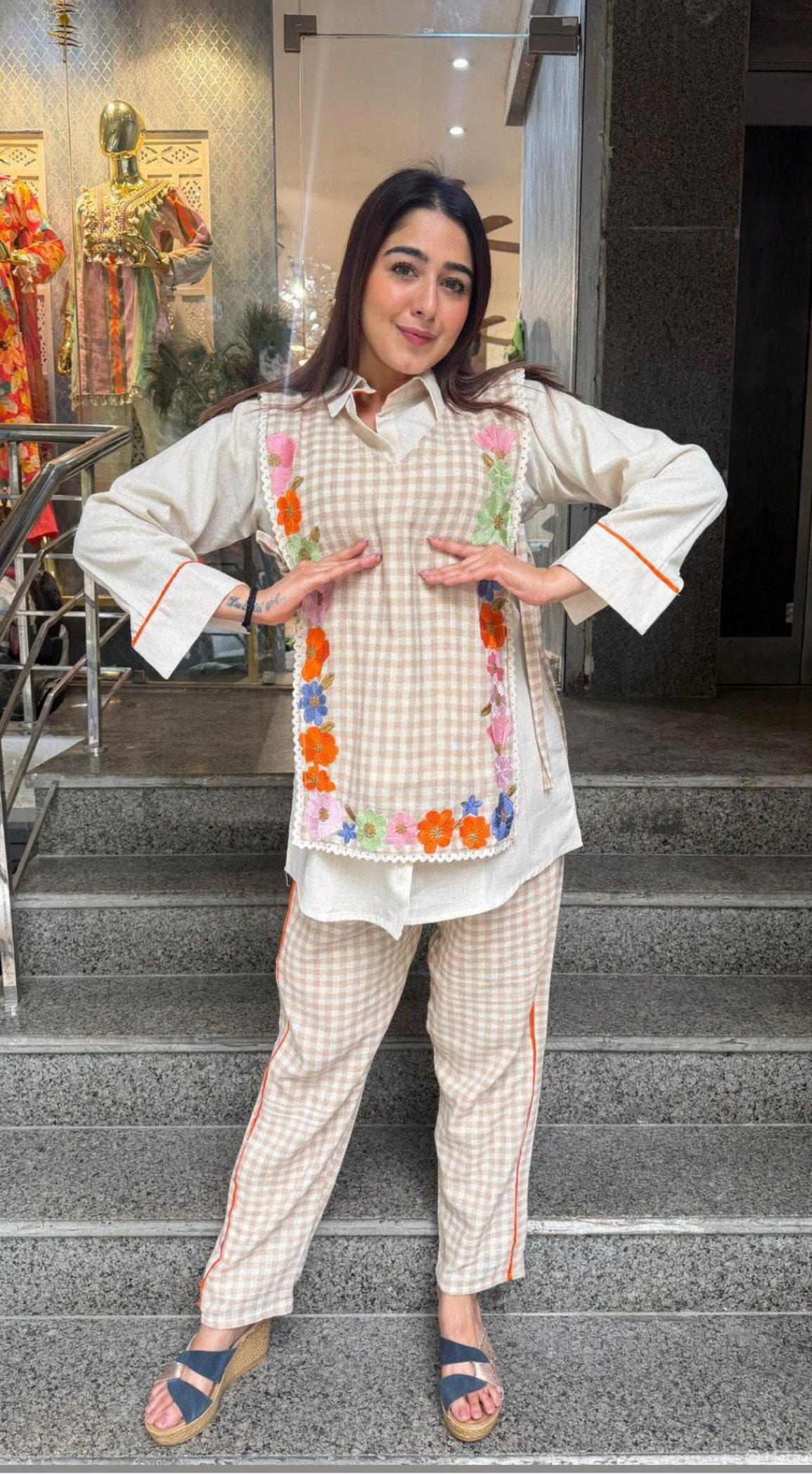 Floral Embroidered Checkered Co-ord Set view 2