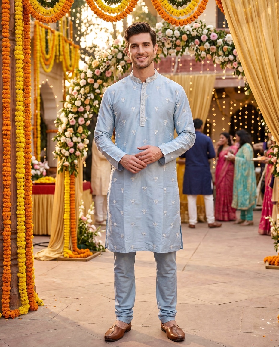 Traditional Light Blue Kurta Pajama view 2
