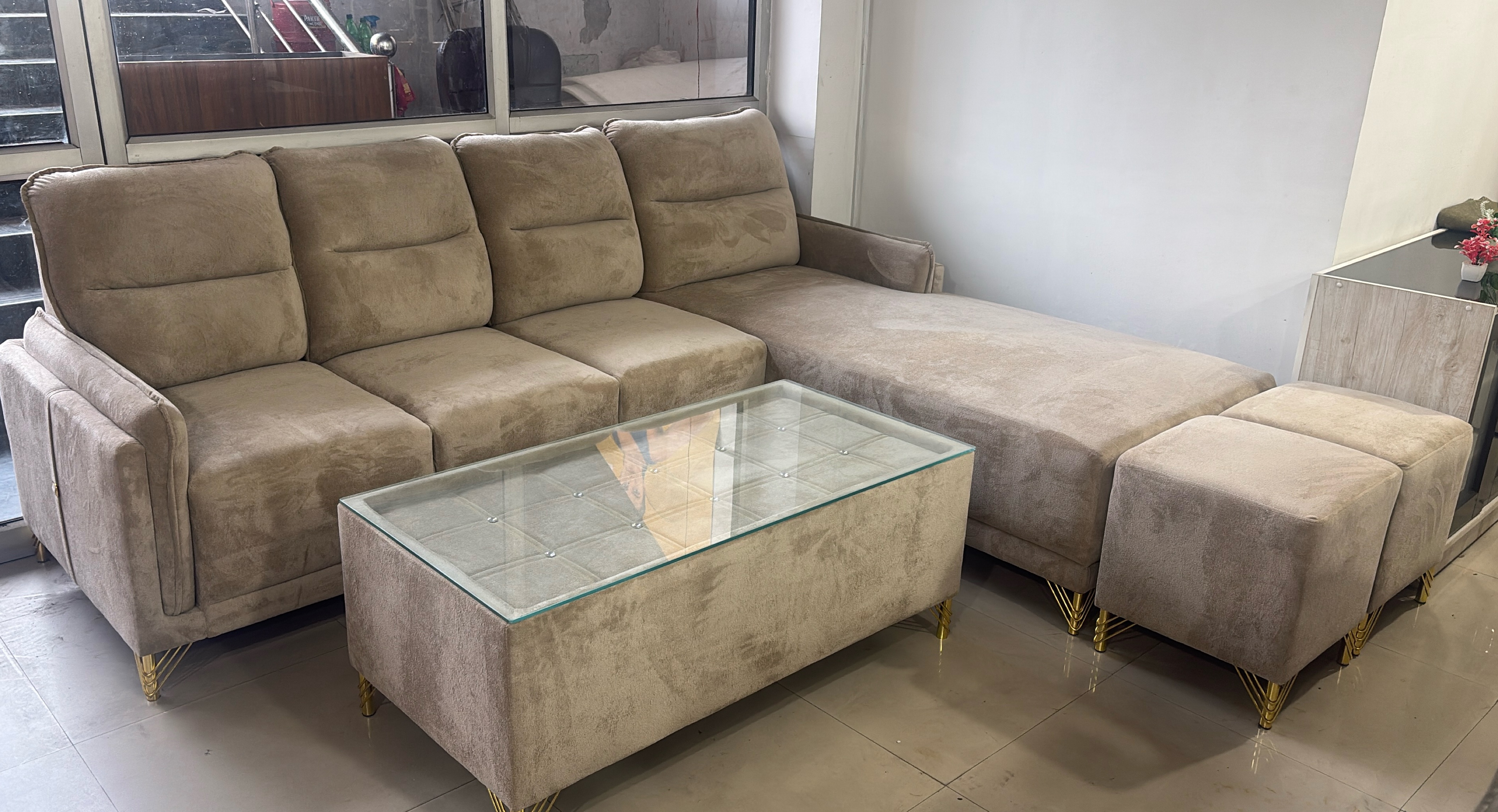 Beige Sectional Sofa with Ottoman view 2