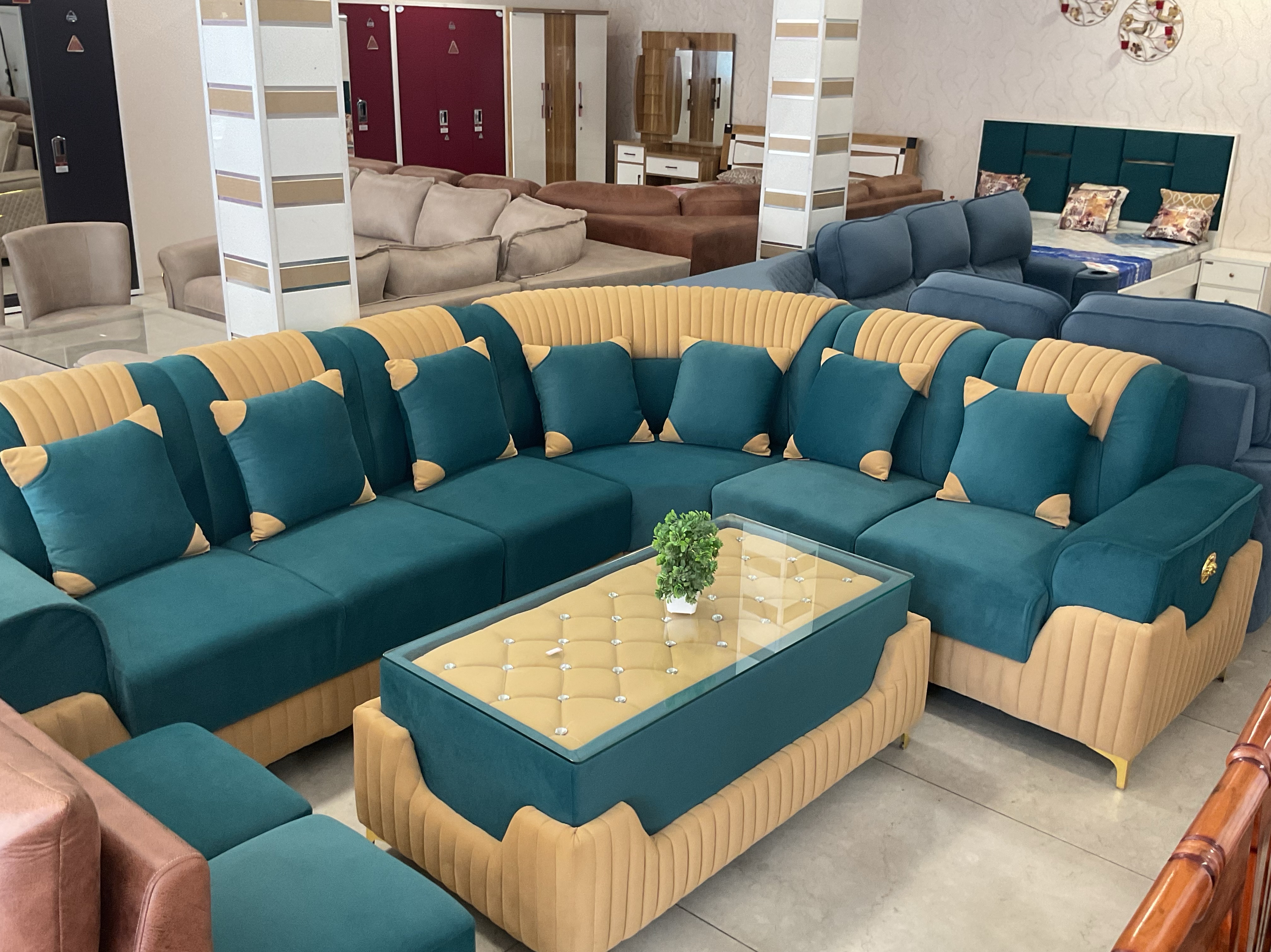 Teal and Beige L Shape Sofa Set view 2