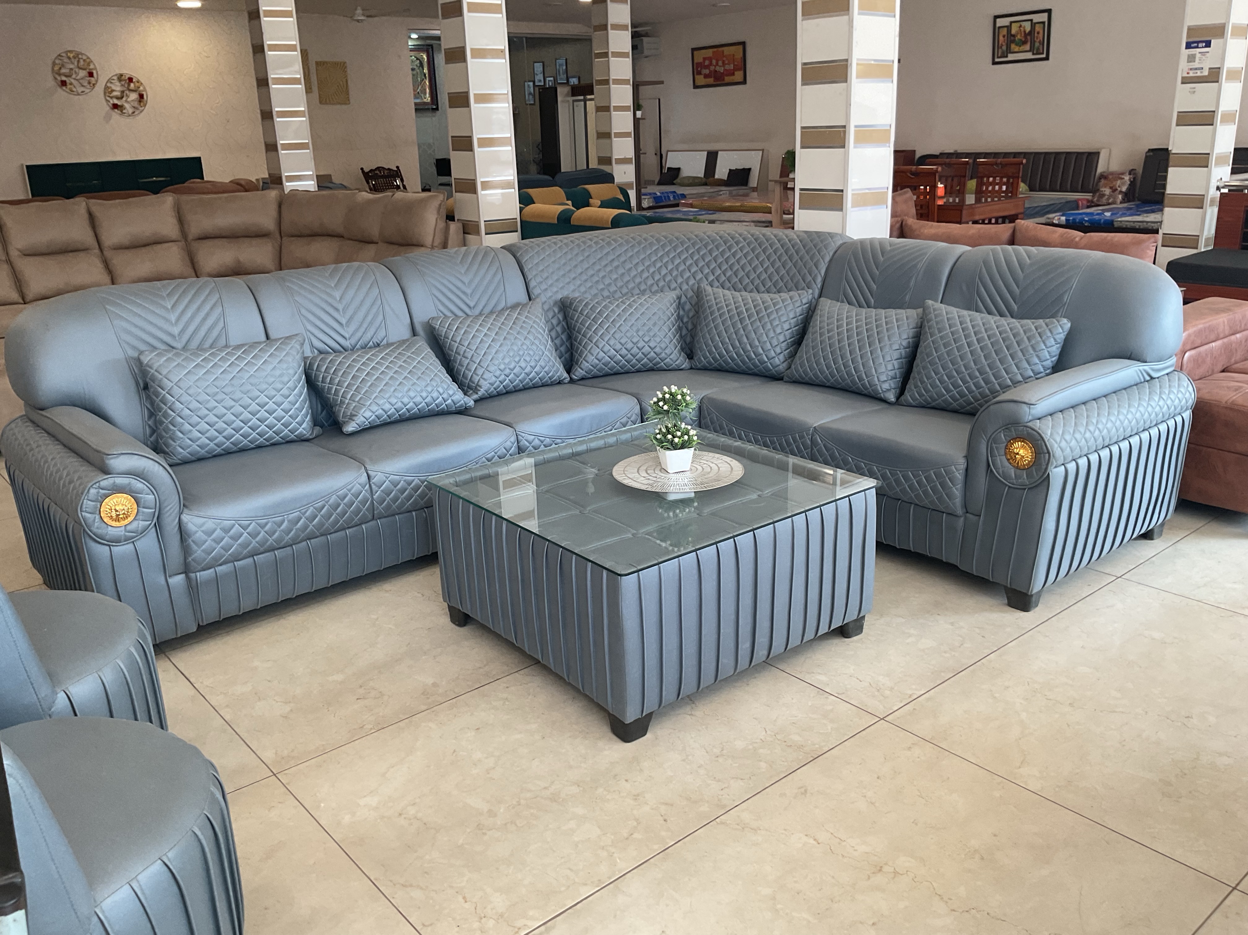 Elegant Blue L Shape Sofa Set view 2