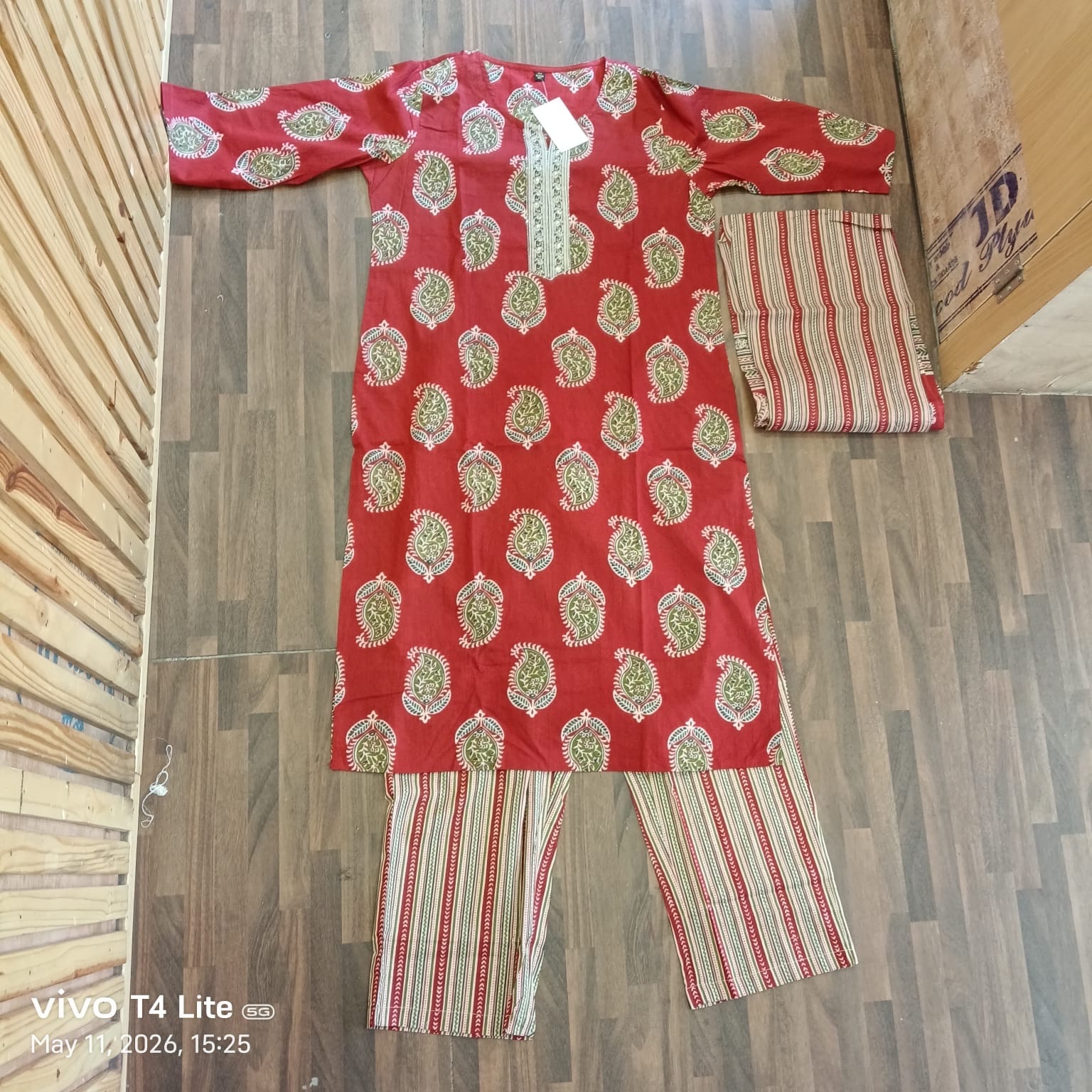 Red Cotton Traditional Kurti Set view 2
