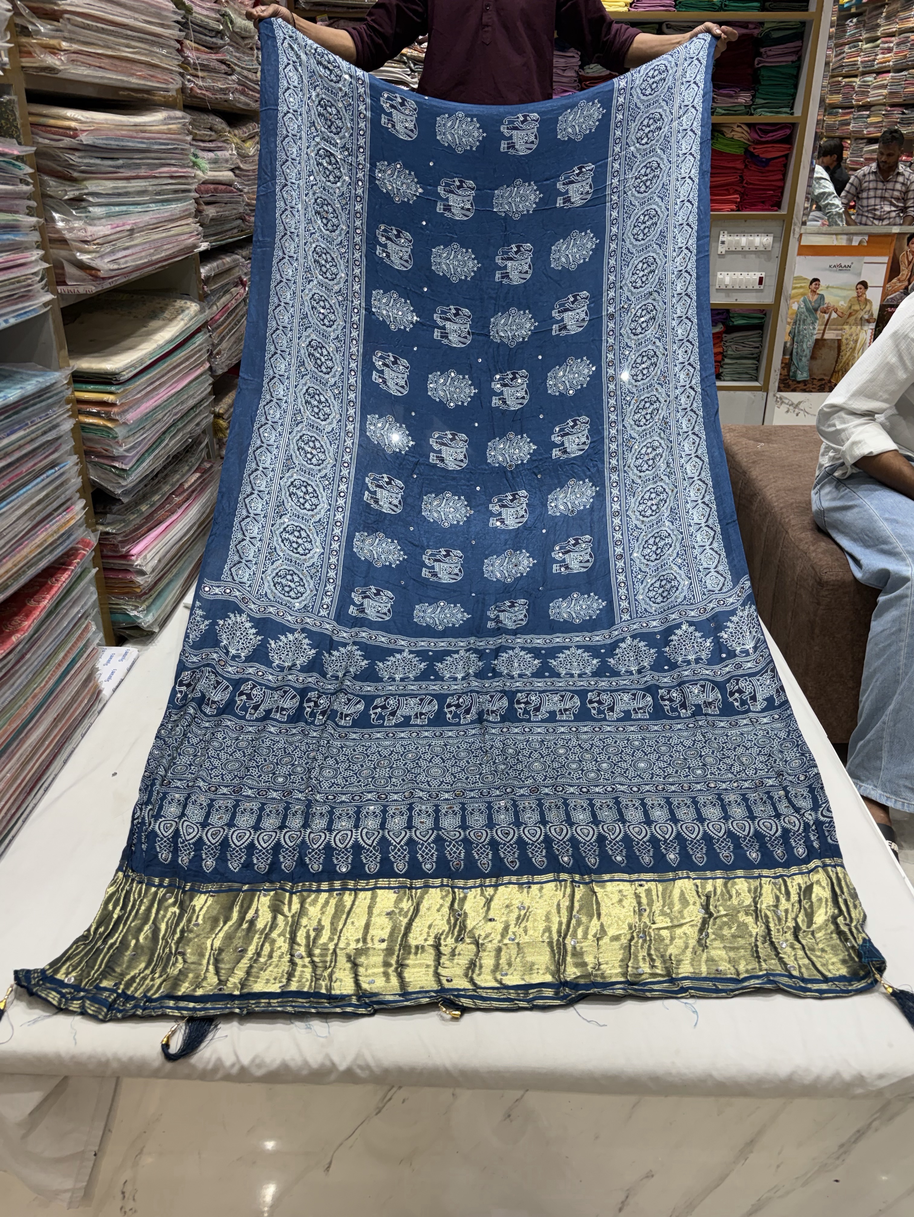 Blue Ajrakh Saree view 2